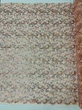 Metallic Floral Lace Fabric - Rose Gold - Embroidered Sequins Floral Design Sold By Yard