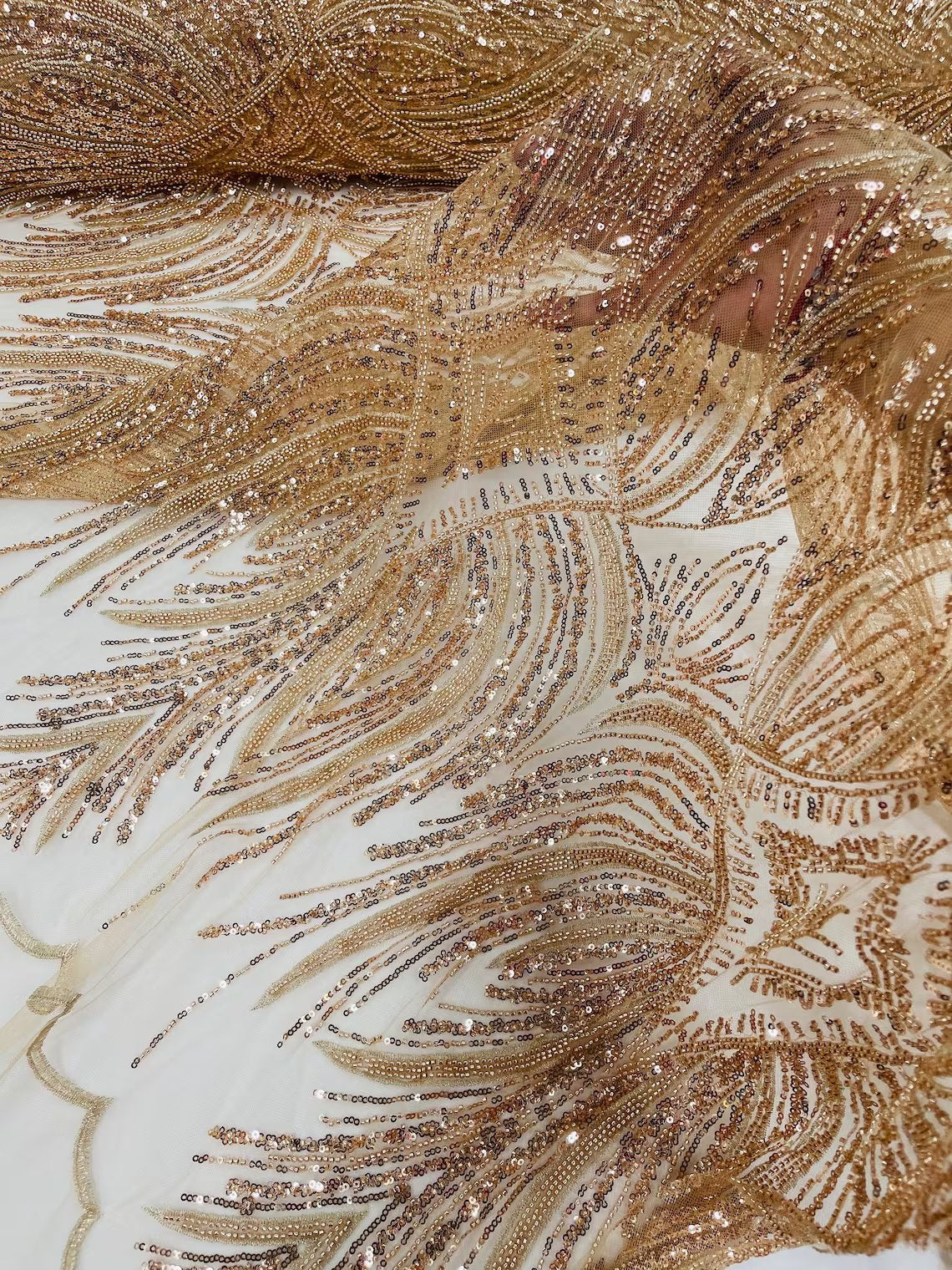 Beaded Lines Fabric - Rose Gold - Luxury Beads and Sequins Line Design Fabric By Yard