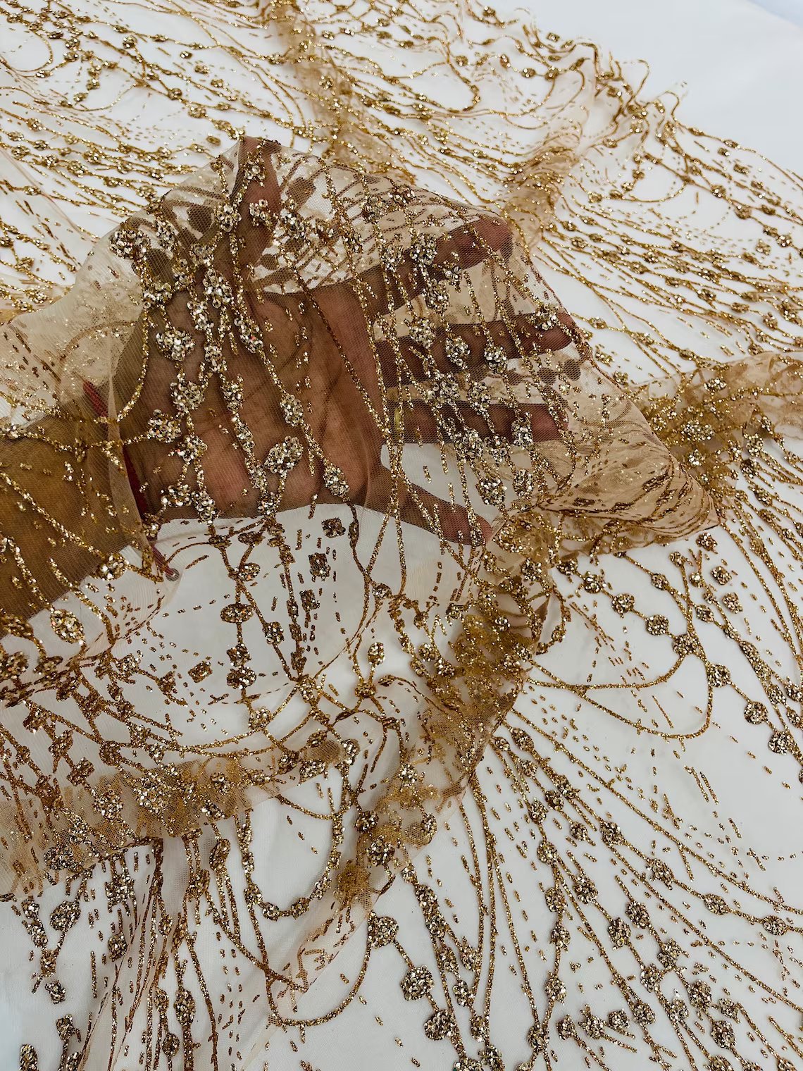 Tulle Glitter Fancy Line Fabric - Rose Gold - Tulle Fabric with Sparkle Glitter Design Sold By Yard