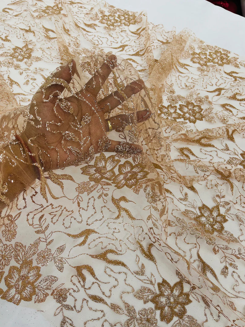 Flower Glitter Fabric - Rose Gold - 3D Floral Tulle Fabric for Wedding, Quinceañera By Yard