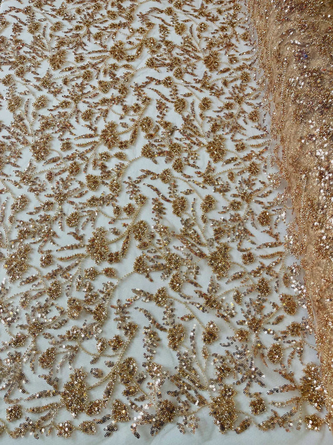 Floral Pattern Beaded Fabric - Rose Gold - Embroidered Bead & Sequins Wedding Bridal Fabric Sold By The Yard