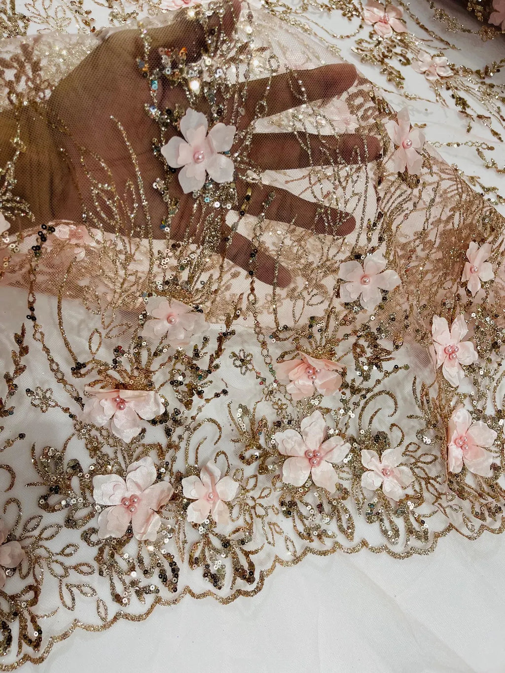 3D Glitter Floral Design Fabric - Rose Gold - Floral Line Design Embroidered Sequins Fabric by Yard