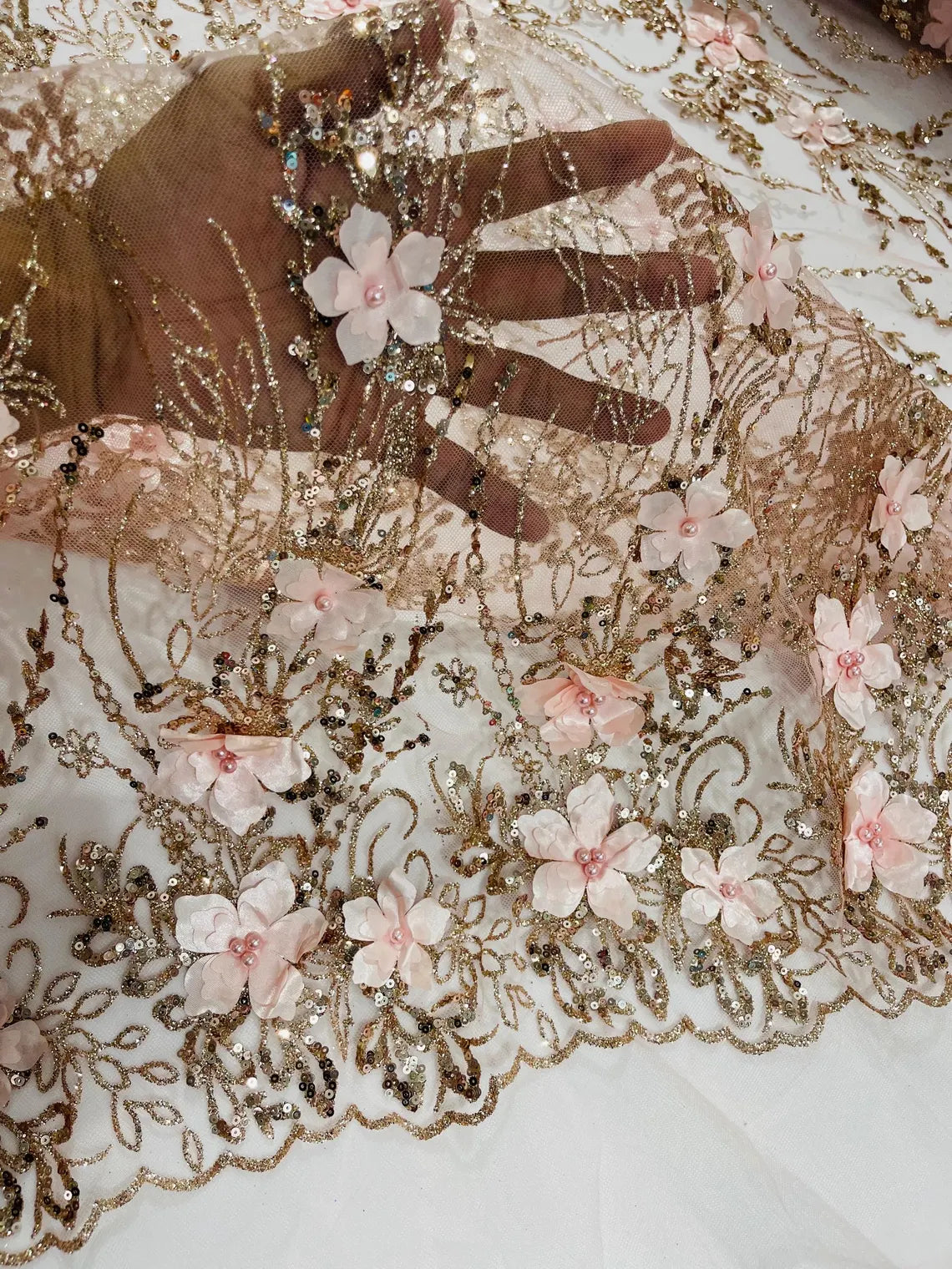 3D Glitter Floral Design Fabric - Rose Gold - Floral Line Design Embroidered Sequins Fabric by Yard