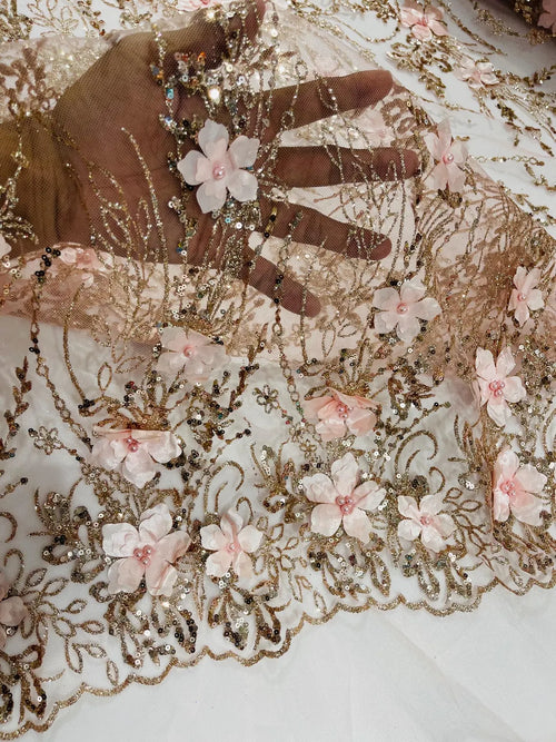 3D Glitter Floral Design Fabric - Rose Gold - Floral Line Design Embroidered Sequins Fabric by Yard