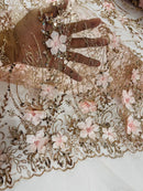 3D Glitter Floral Design Fabric - Rose Gold - Floral Line Design Embroidered Sequins Fabric by Yard