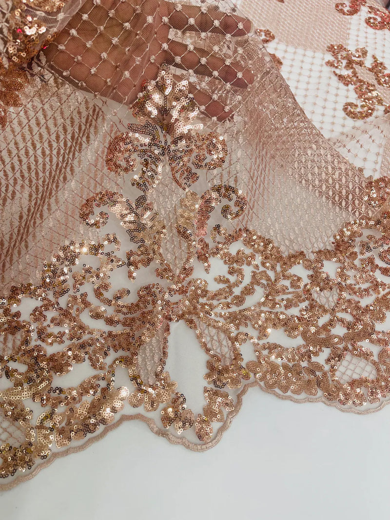 King Damask Design Fabric - Rose Gold - Embroidered Corded Mesh Lace Fabric with Sequins By Yard