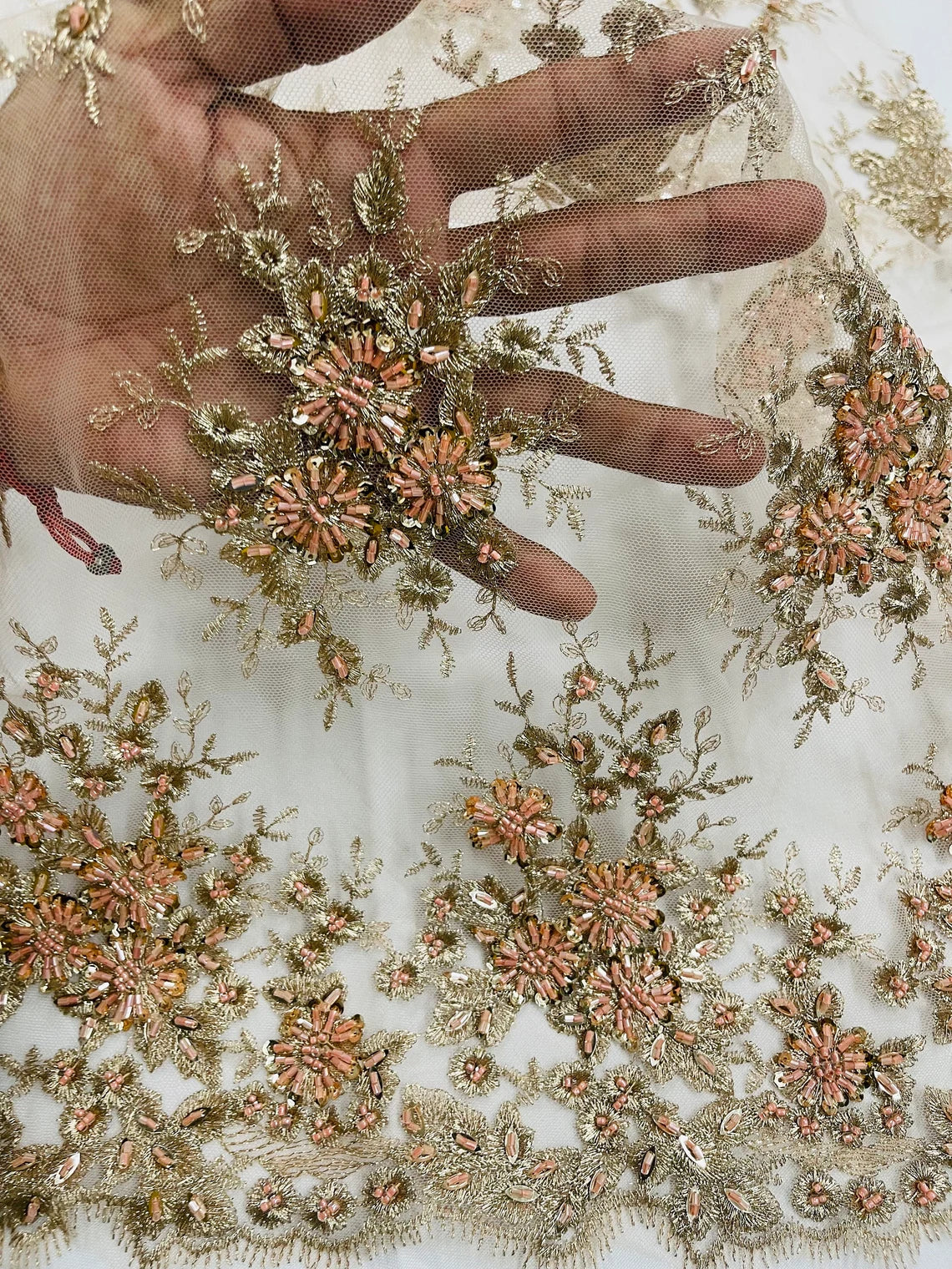 Beaded Flower Cluster Fabric - Rose Gold - Beaded Floral Gaviota Design Embroidered On Mesh Sold By Yard