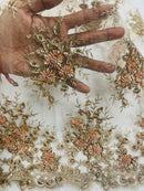 Beaded Flower Cluster Fabric - Rose Gold - Beaded Floral Gaviota Design Embroidered On Mesh Sold By Yard