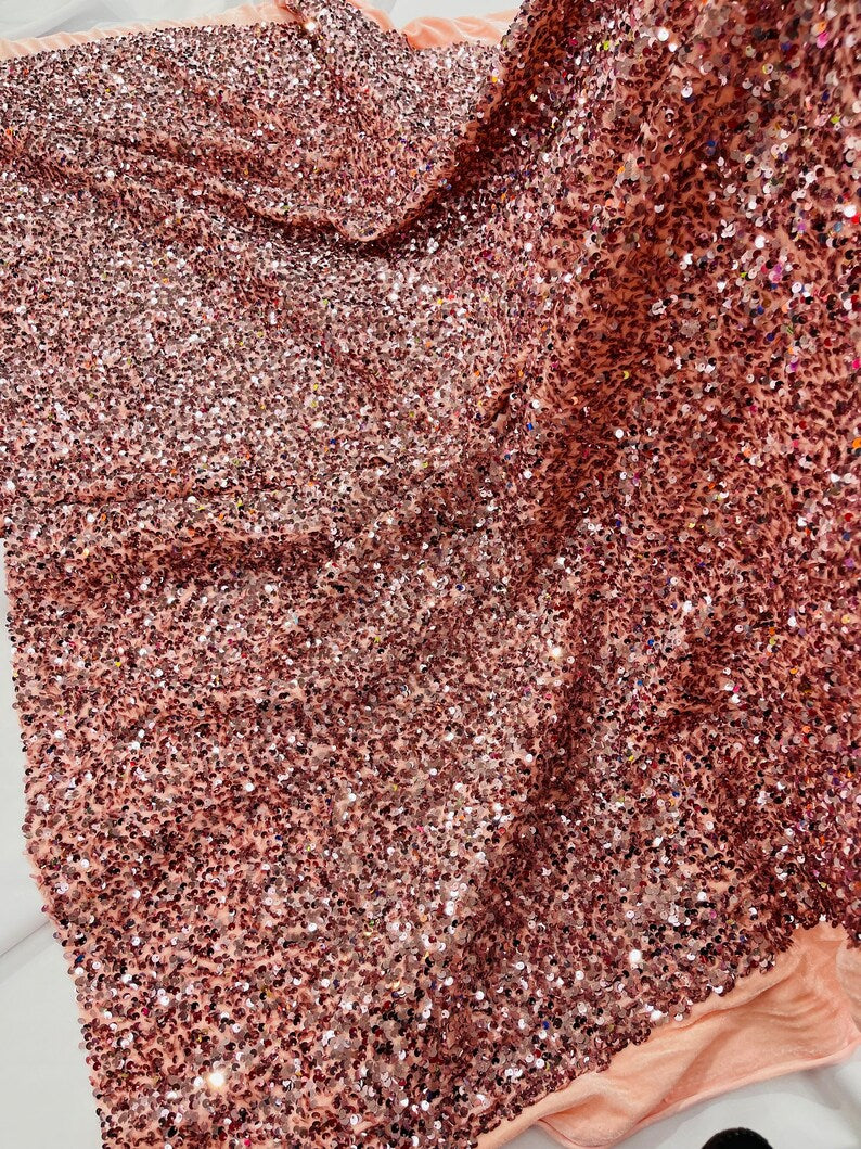 Stretch Velvet Sequins Fabric - Rose Gold - Velvet Sequins 2 Way Stretch 58/60” By Yard