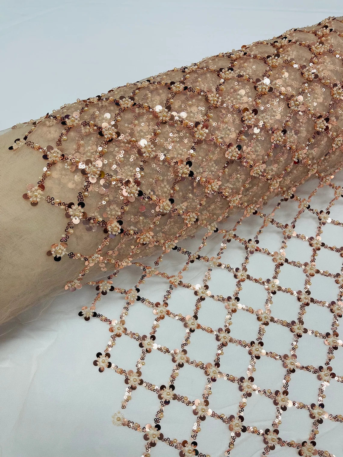 Beaded Diamond Net Fabric - Rose Gold - Embroidered Geometric Beaded Sequins Fabric Sold By Yard