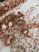 3D Flower Glitter Fabric - Rose Gold - Floral Glitter Sequin Design on Lace Mesh Fabric by Yard