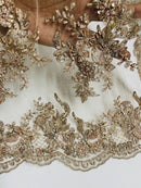 Floral Leaf Beaded Fabric - Rose Gold - Embroidered Flower Leaf Design Beaded Fabric By Yard