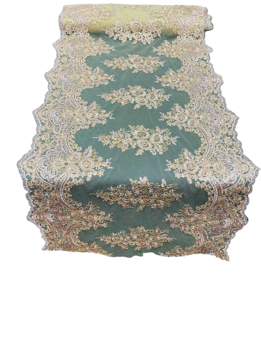 21" Floral Lace Metallic Design Table Runner - Rose Gold - Floral Runner for Event Decor Sold By The Yard