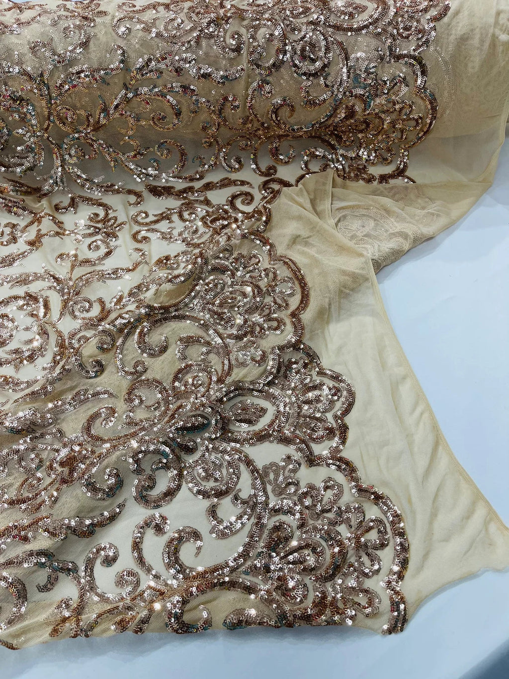 Damask Decor Sequins - Rose Gold - 4 Way Stretch Design High Quality Fabric By Yard