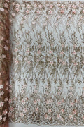 3D Glitter Floral Design Fabric - Rose Gold - Floral Line Design Embroidered Sequins Fabric by Yard