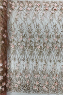 3D Glitter Floral Design Fabric - Rose Gold - Floral Line Design Embroidered Sequins Fabric by Yard