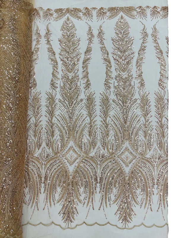 Beaded Lines Fabric - Rose Gold - Luxury Beads and Sequins Line Design Fabric By Yard