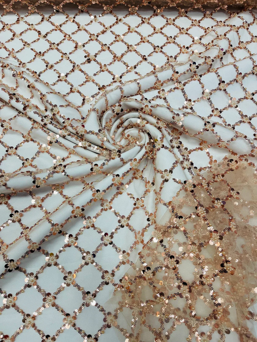 Beaded Diamond Net Fabric - Rose Gold - Embroidered Geometric Beaded Sequins Fabric Sold By Yard