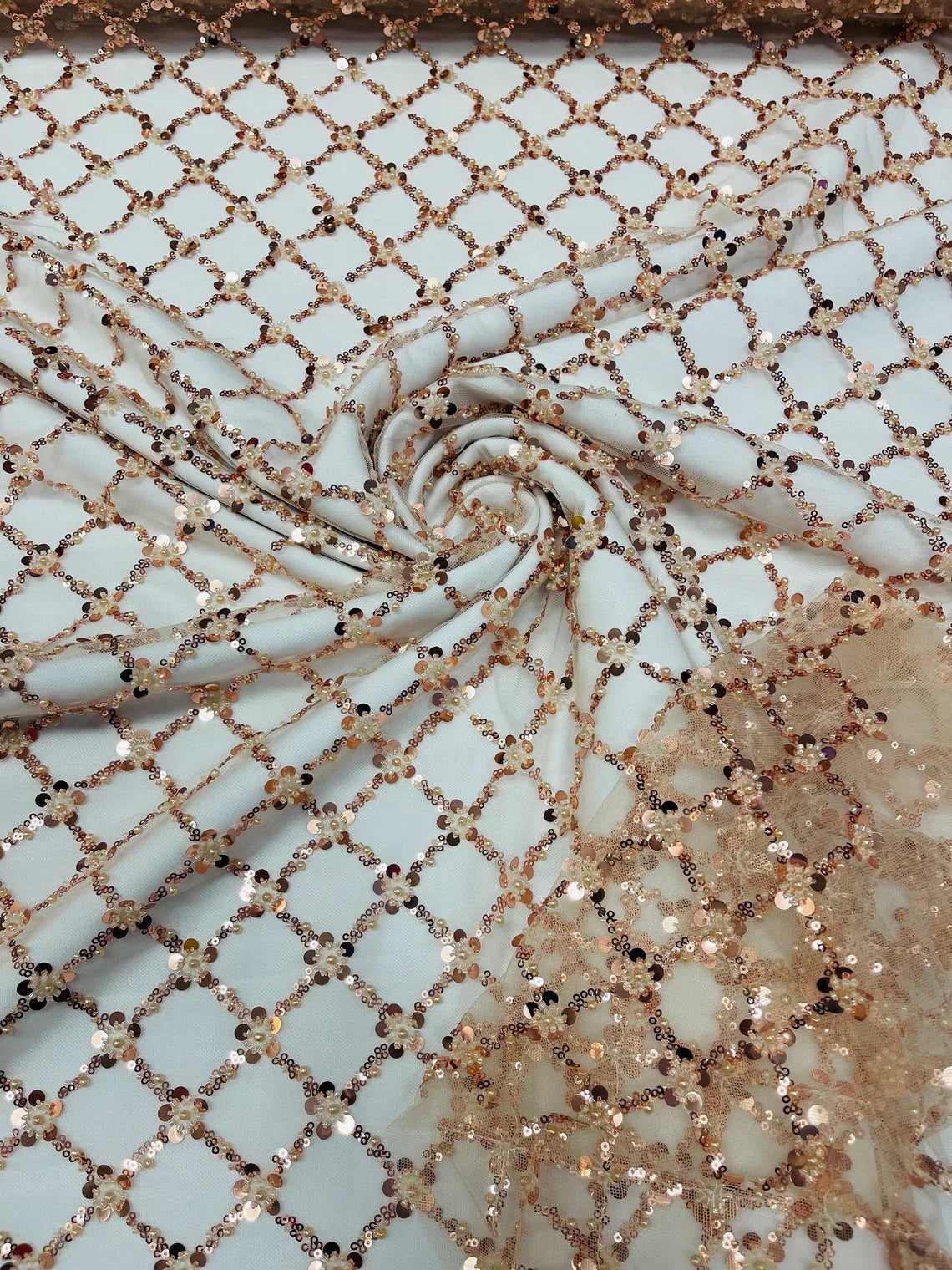 Beaded Diamond Net Fabric - Rose Gold - Embroidered Geometric Beaded Sequins Fabric Sold By Yard