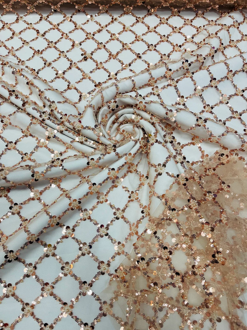Beaded Diamond Net Fabric - Rose Gold - Embroidered Geometric Beaded Sequins Fabric Sold By Yard