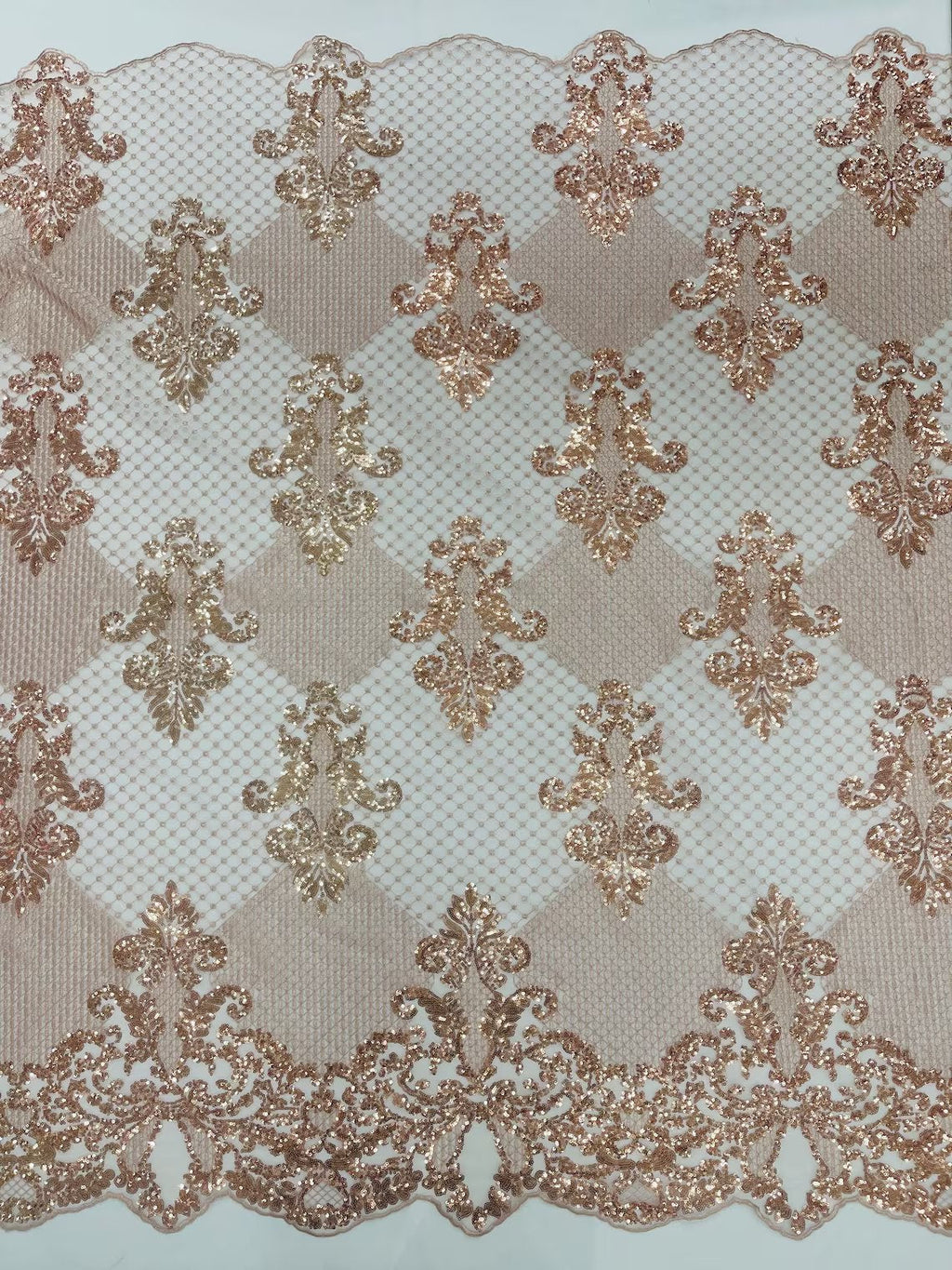 King Damask Design Fabric - Rose Gold - Embroidered Corded Mesh Lace Fabric with Sequins By Yard
