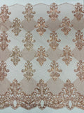 King Damask Design Fabric - Rose Gold - Embroidered Corded Mesh Lace Fabric with Sequins By Yard