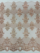 King Damask Design Fabric - Rose Gold - Embroidered Corded Mesh Lace Fabric with Sequins By Yard
