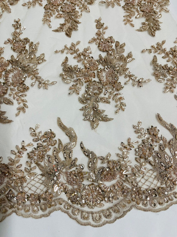 Floral Leaf Beaded Fabric - Rose Gold - Embroidered Flower Leaf Design Beaded Fabric By Yard