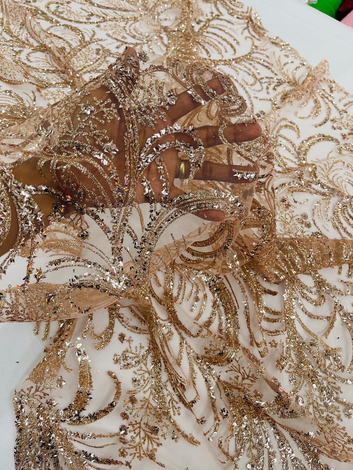 Glitter Palm Leaf Design Fabric - Rose Gold - Tulle Mesh Glitter Leaf Design Fabric Sold By Yard