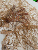 Glitter Palm Leaf Design Fabric - Rose Gold - Tulle Mesh Glitter Leaf Design Fabric Sold By Yard