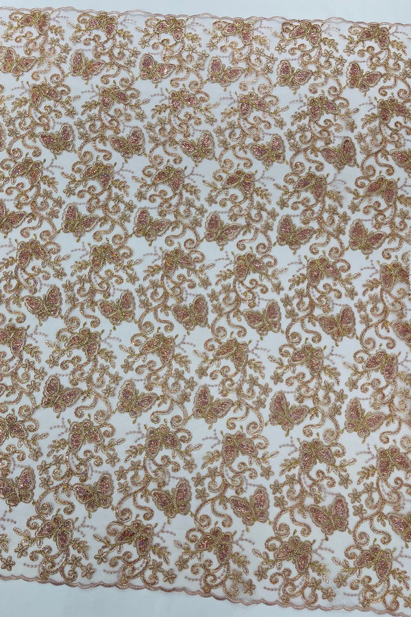 Butterfly Swirl Lace Fabric - Rose Gold - Metallic Sequins Design on Lace Fabric By Yard