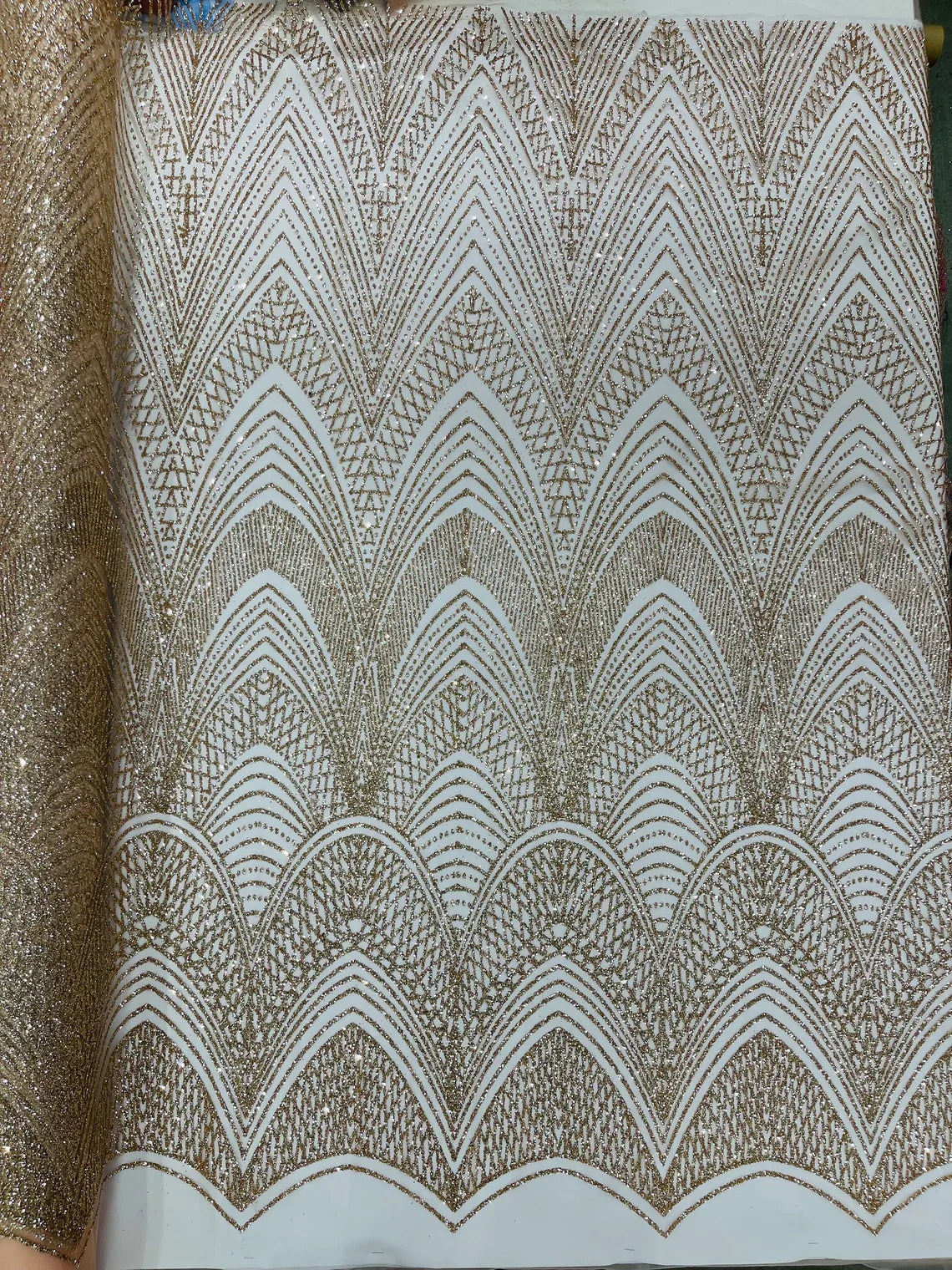 Geometric Glitter Fabric - Rose Gold - Shimmer Glitter Geometric Design Fabric By Yard