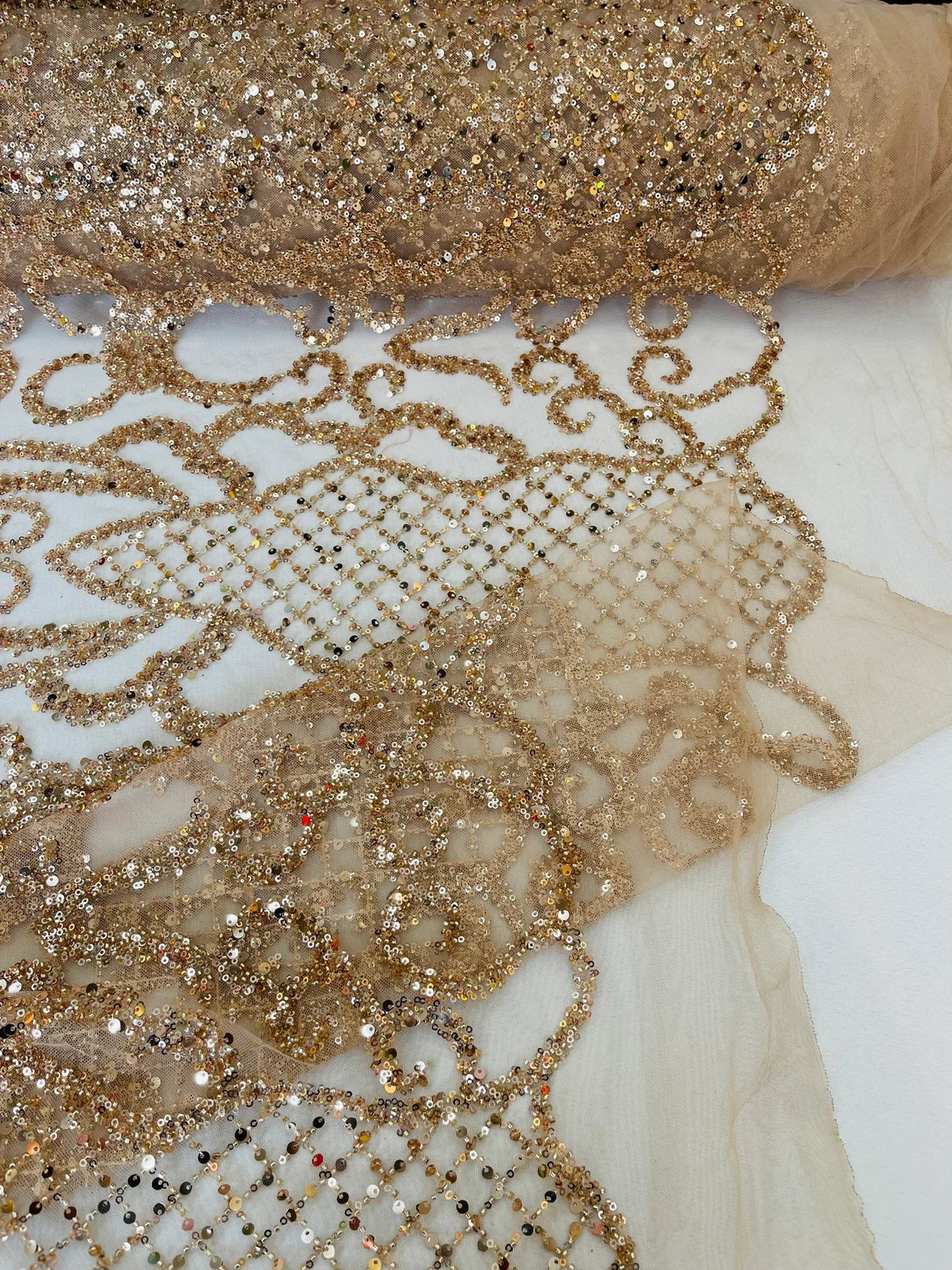 Beaded Fashion Design Fabric - Rose Gold - Beaded Embroidered Damask Style Fabric on Mesh By Yard