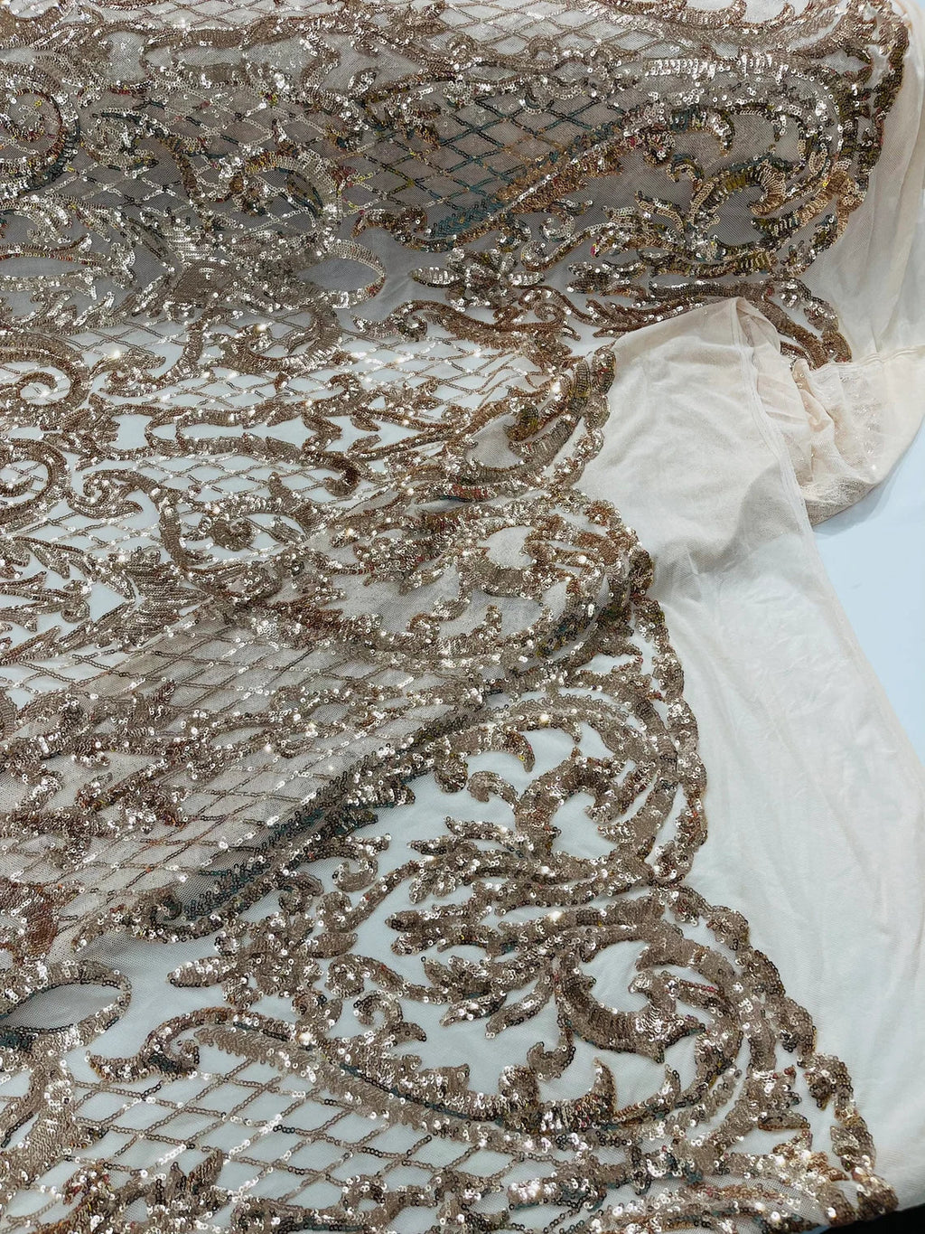 Heart Damask Sequins - Rose Gold - 4 Way Stretch Elegant Shiny Net Sequins Fabric By Yard