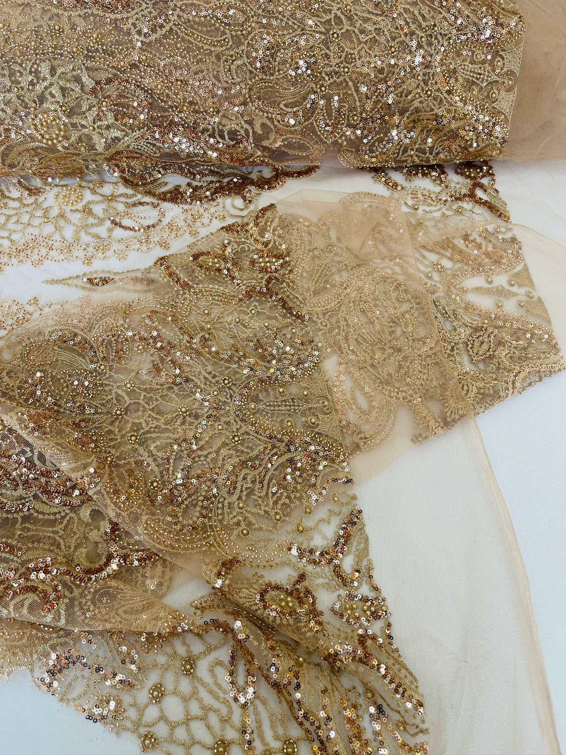 Beaded Fabric by yard - Rose Gold - Damask Pattern With Beads and Sequin, Appliqué Lace for Bridal and Prom Dress