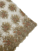 Beaded Flower Cluster Fabric - Rose Gold - Beaded Floral Gaviota Design Embroidered On Mesh Sold By Yard