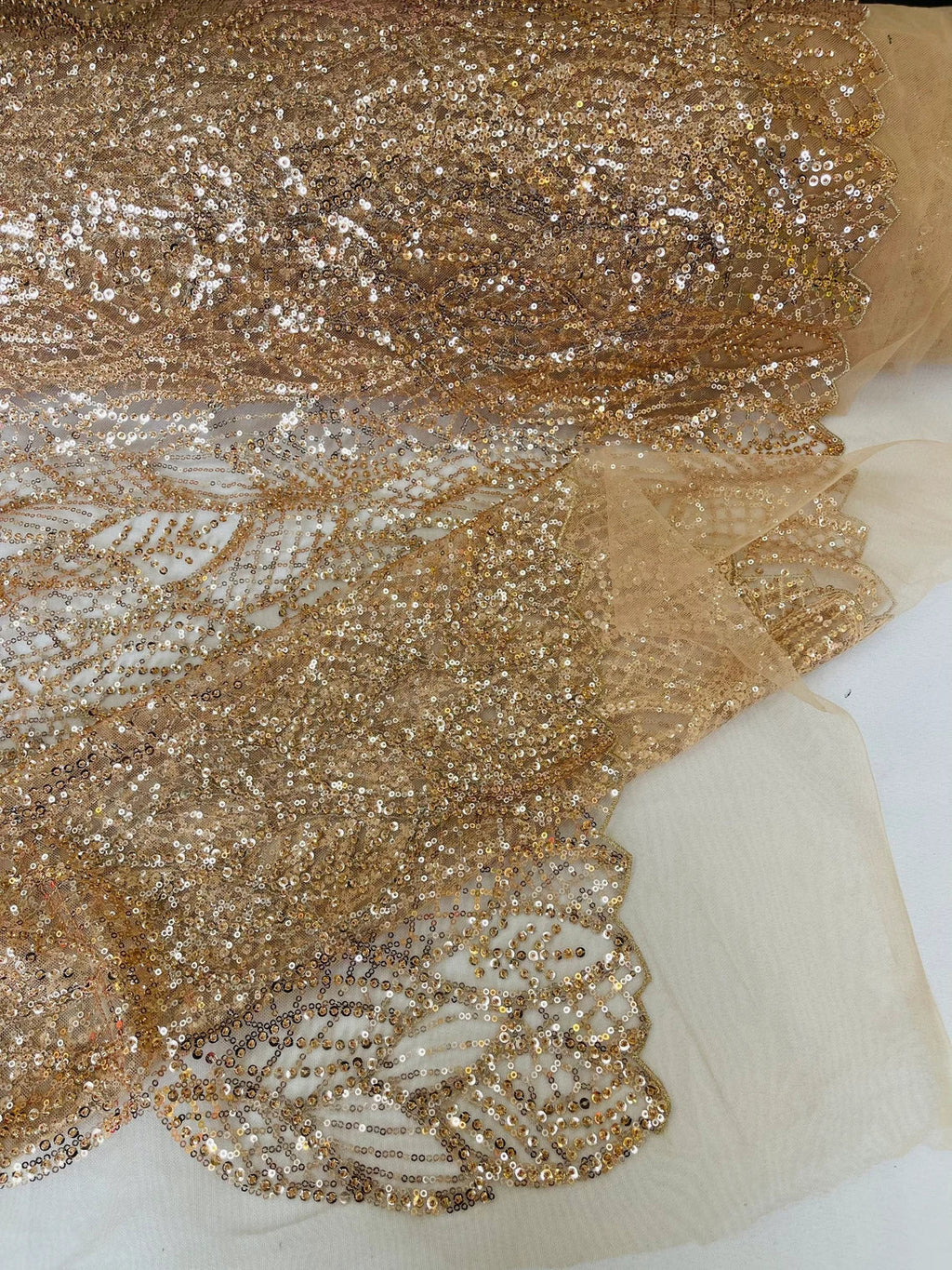 Beaded Leaf Designs Fabric - Rose Gold - Embroidered Beads in Leaves Pattern Sold By Yard