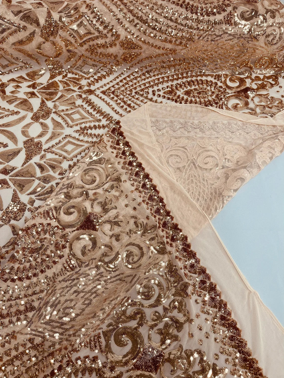 Geometric Pattern Sequins - Rose Gold - 4 Way Stretch Colorful Shine Designer Sequins By Yard