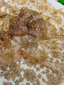 Corded Lace Floral Fabric - Rose Gold - Hologram Sequins Metallic Thread Floral Fabric by Yard