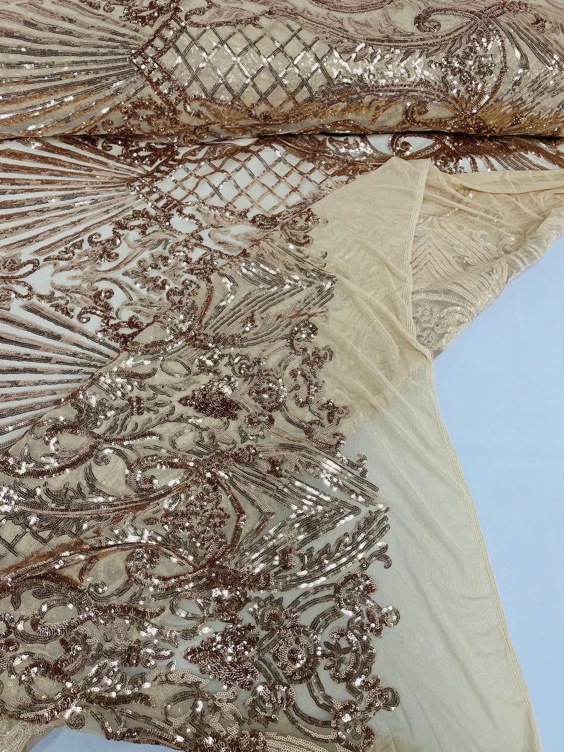 Damask Geometric Sequins - Rose Gold - 4 Way Stretch Sequins Damask Pattern Design Sold By Yard