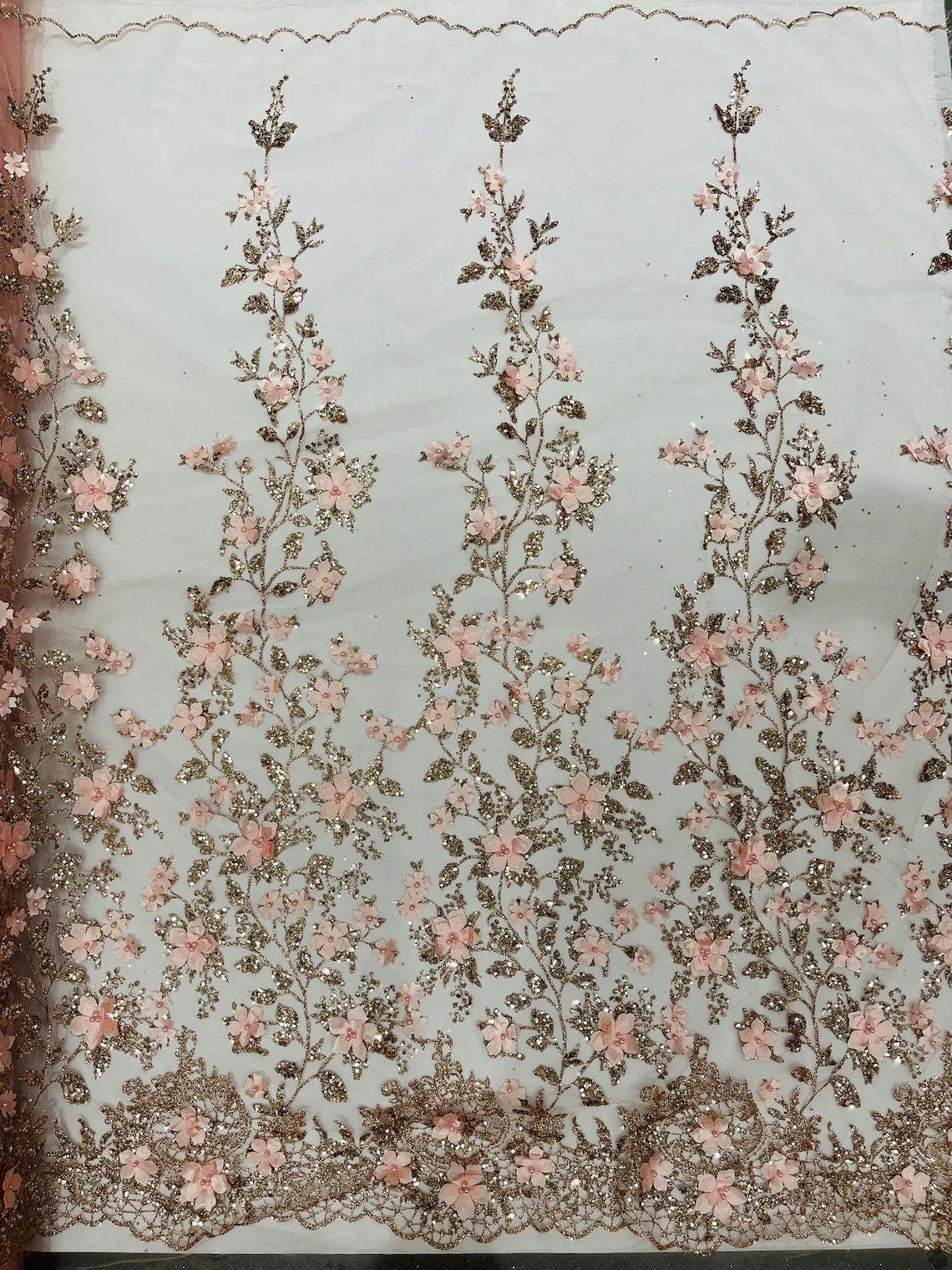 3D Flower Glitter Fabric - Rose Gold - Floral Glitter Sequin Design on Lace Mesh Fabric by Yard