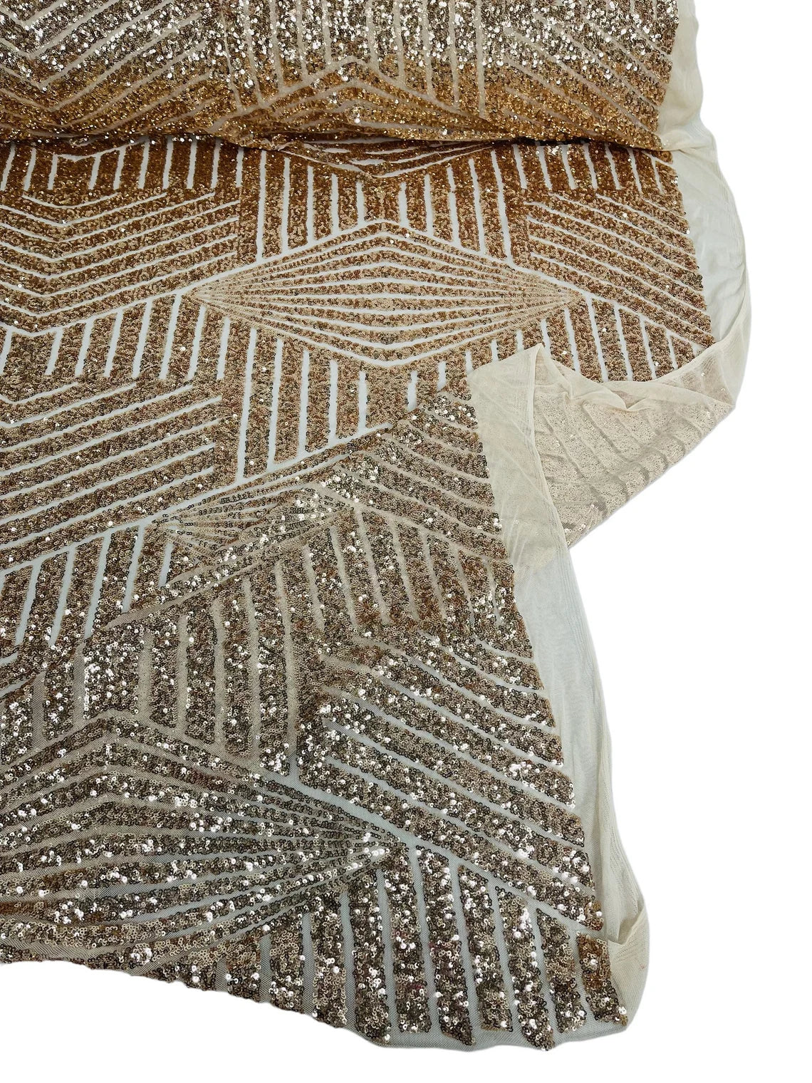 4 Way Stretch - Rose Gold - Geometric Design Sequins On Mesh Elegant Fabrics Sold By Yard