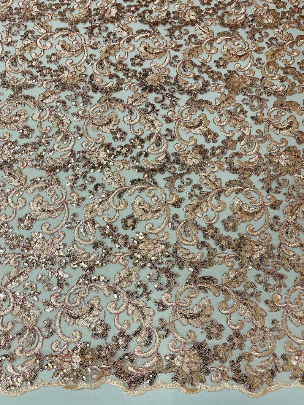 Metallic Floral Lace Fabric - Rose Gold - Embroidered Sequins Floral Design Sold By Yard