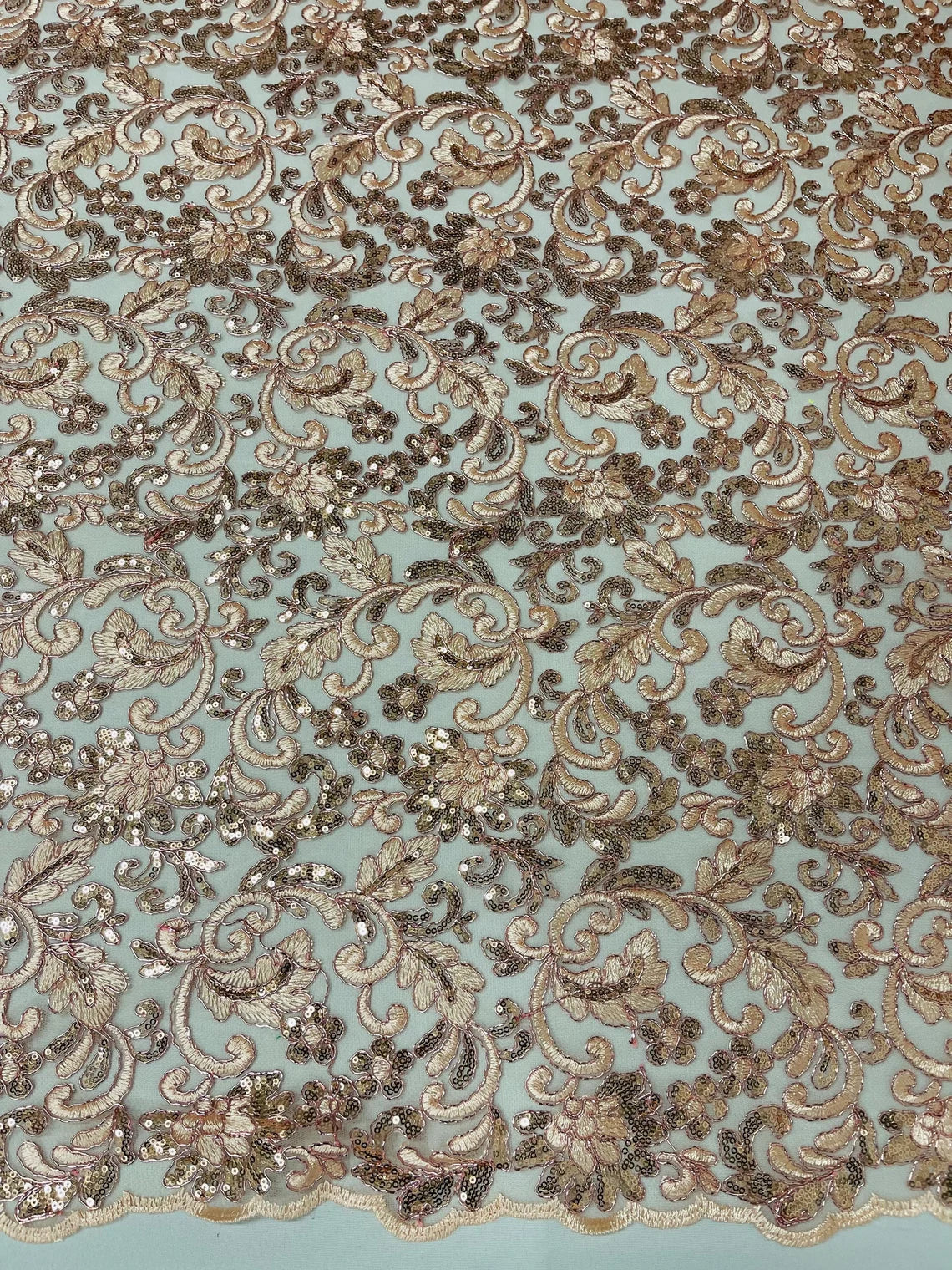 Metallic Floral Lace Fabric - Rose Gold - Embroidered Sequins Floral Design Sold By Yard