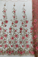 3D Big Flower Glitter Fabric - Rose Gold - Floral Glitter Sequin Design on Lace Mesh Fabric by Yard