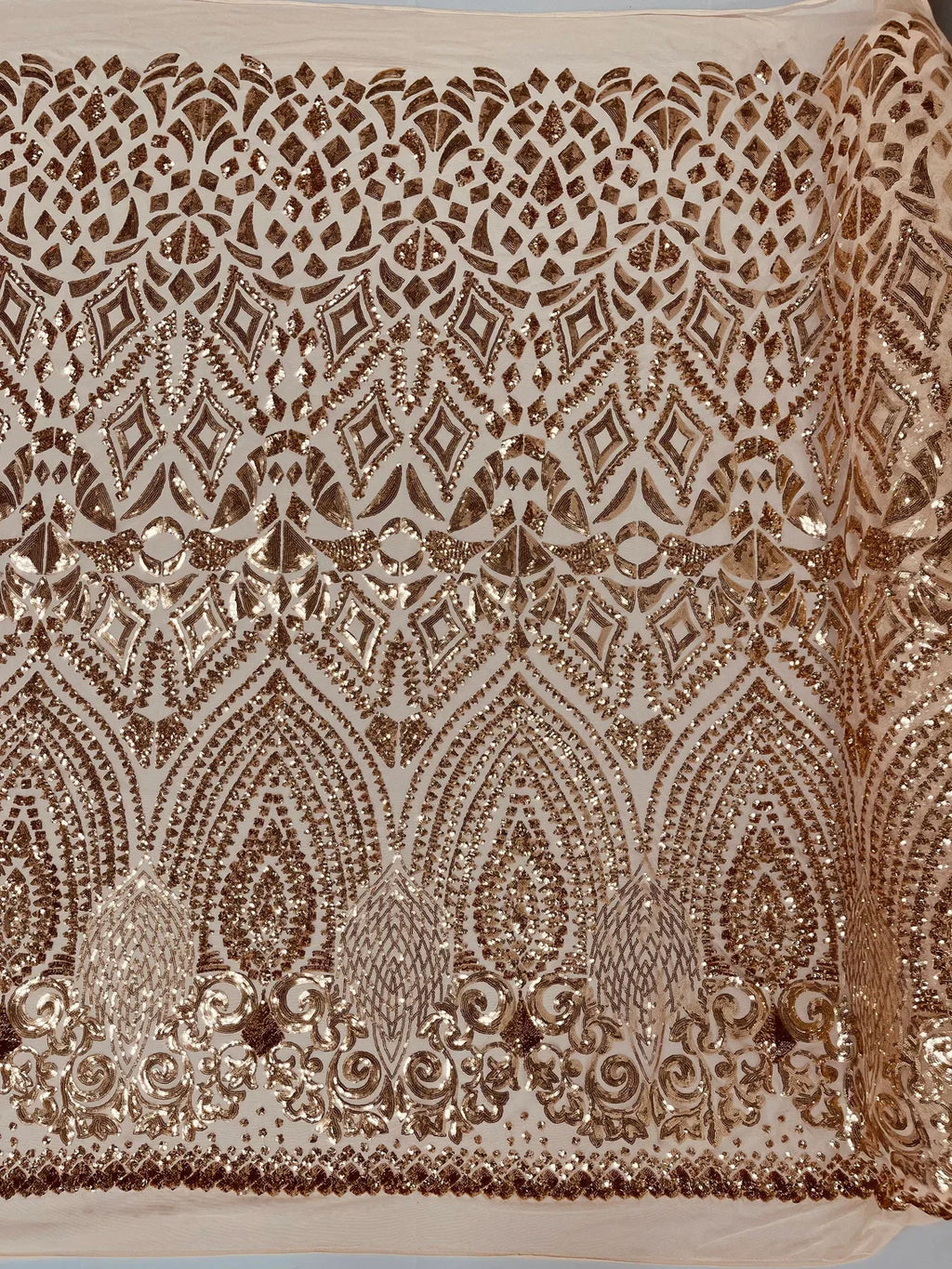 Geometric Pattern Sequins - Rose Gold - 4 Way Stretch Colorful Shine Designer Sequins By Yard