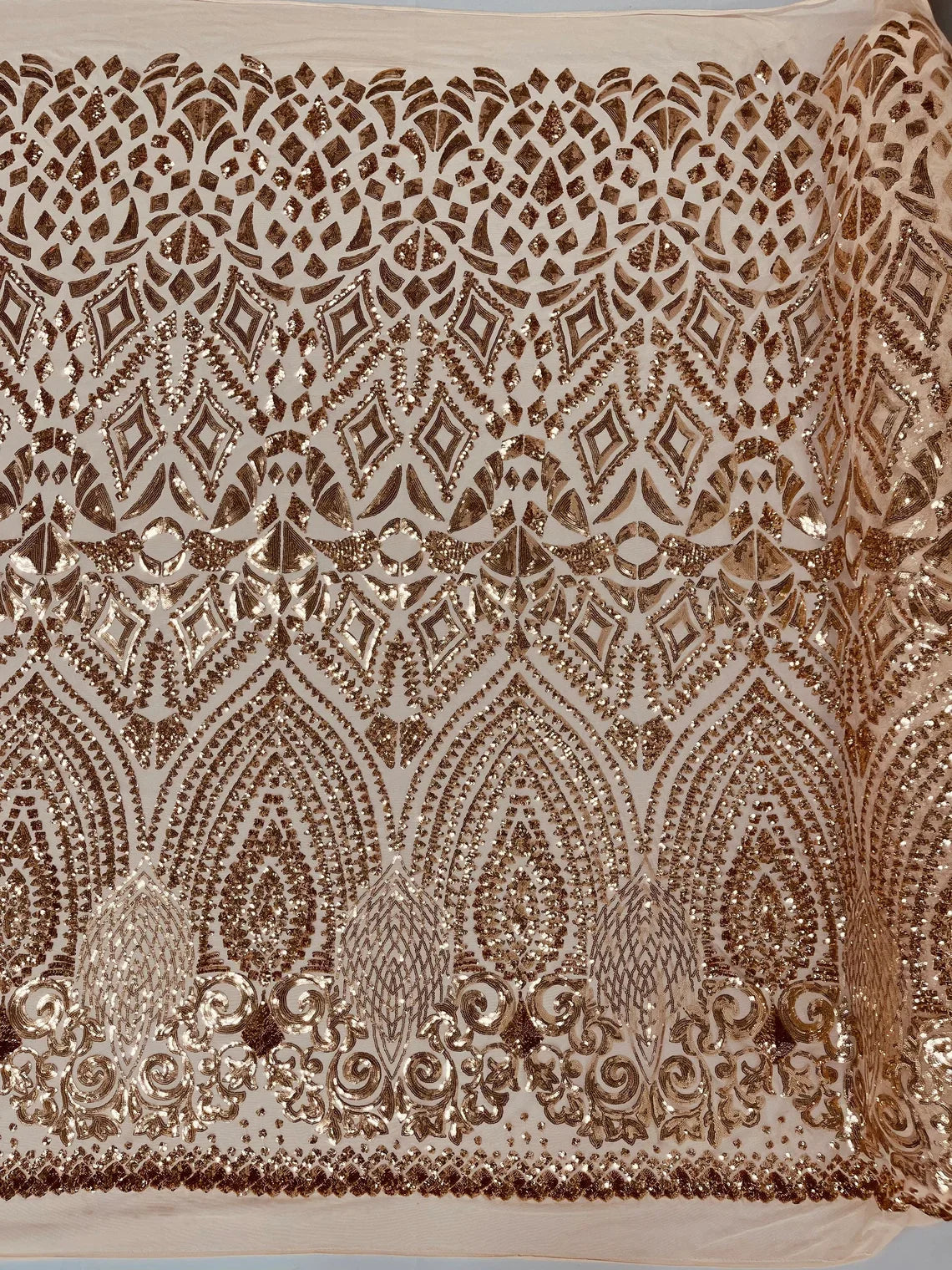 Geometric Pattern Sequins - Rose Gold - 4 Way Stretch Colorful Shine Designer Sequins By Yard
