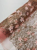 3D Glitter Floral Design Fabric - Rose Gold - Floral Line Design Embroidered Sequins Fabric by Yard
