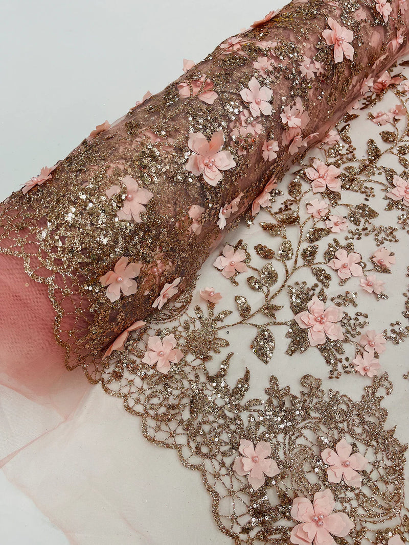 3D Flower Glitter Fabric - Rose Gold - Floral Glitter Sequin Design on Lace Mesh Fabric by Yard