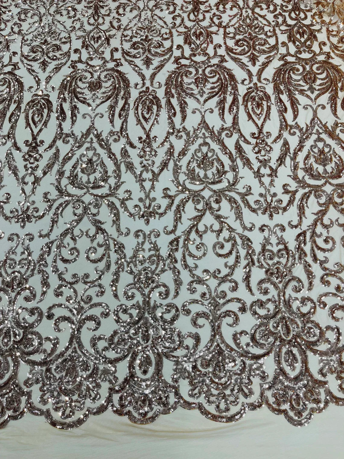 Damask Decor Sequins - Rose Gold - 4 Way Stretch Design High Quality Fabric By Yard